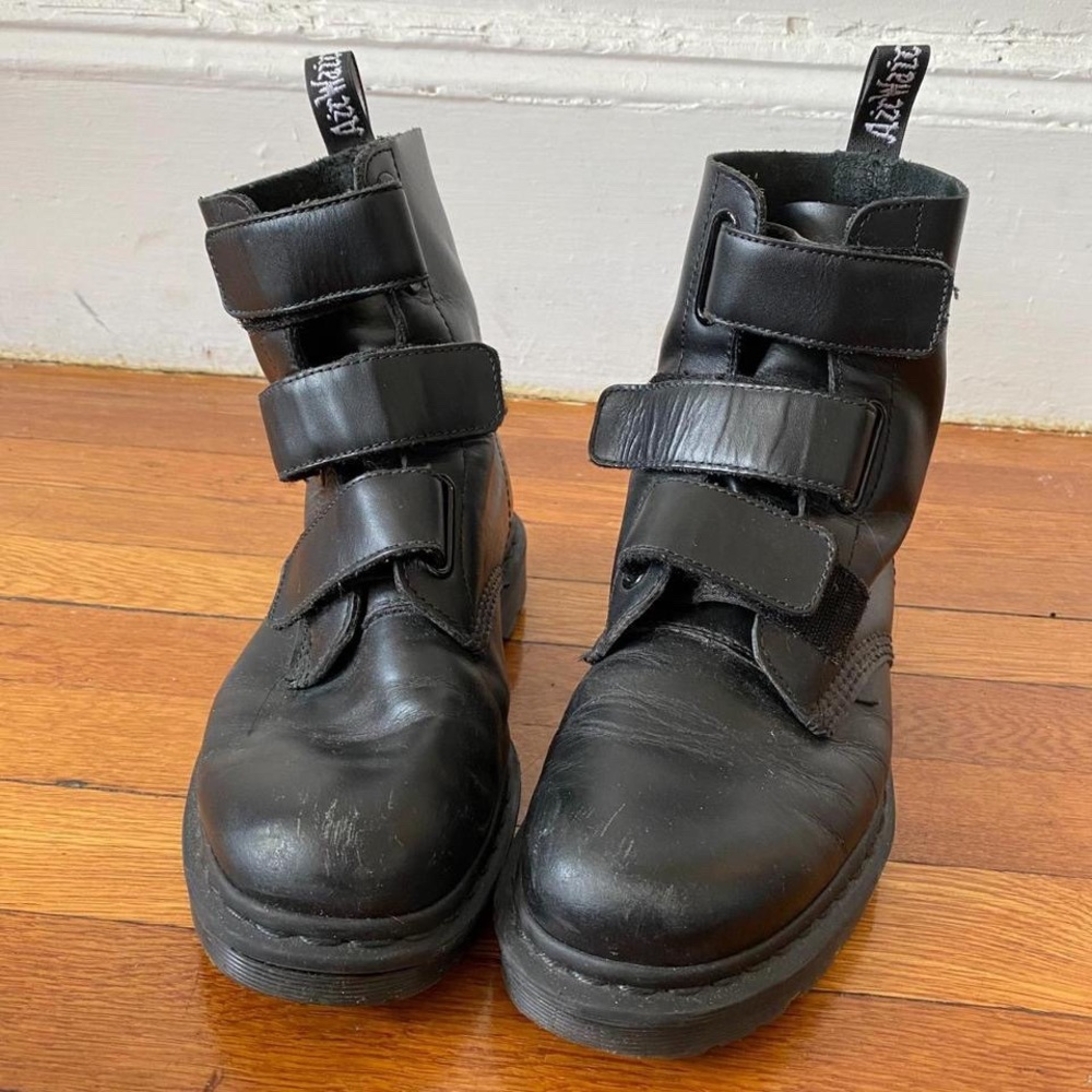 dr. martens coralia boots with velcro straps in black